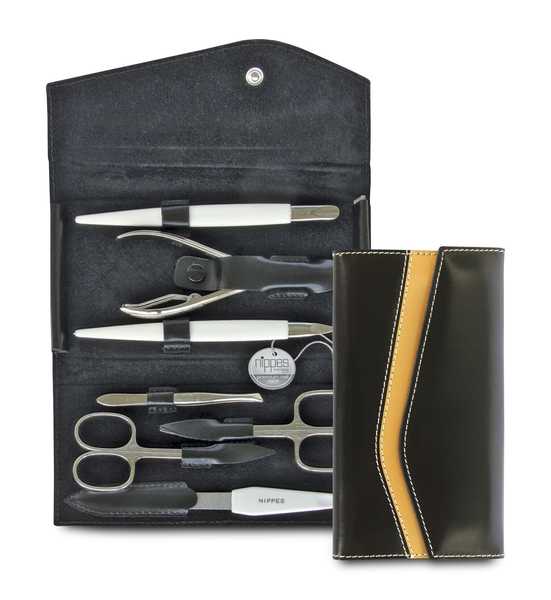 Luxury Leather 7 Piece Nickel-Plated Manicure Set  - Black / Brown