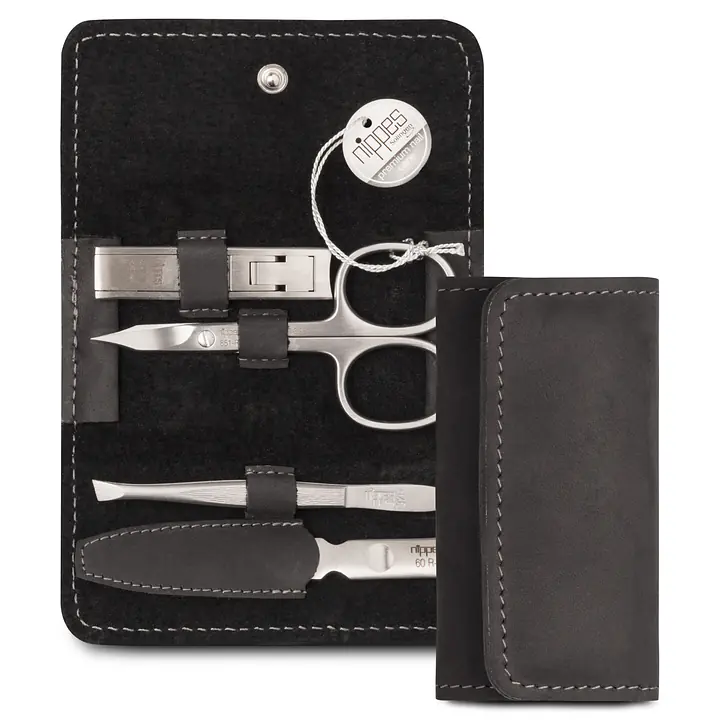 Luxury 4-Piece Genuine Cowhide Leather Manicure Set - Black - Master