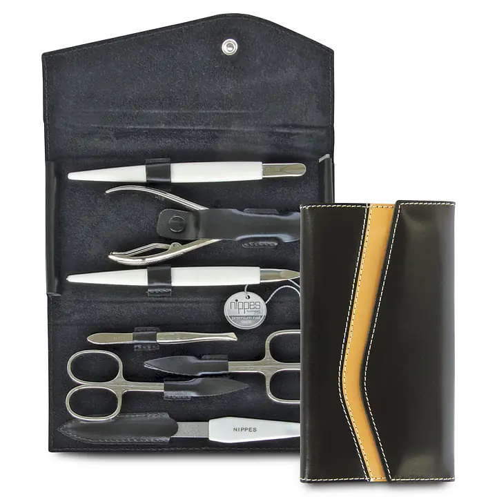 Luxury Leather 7 Piece Nickel-Plated Manicure Set - Black / Brown - Master